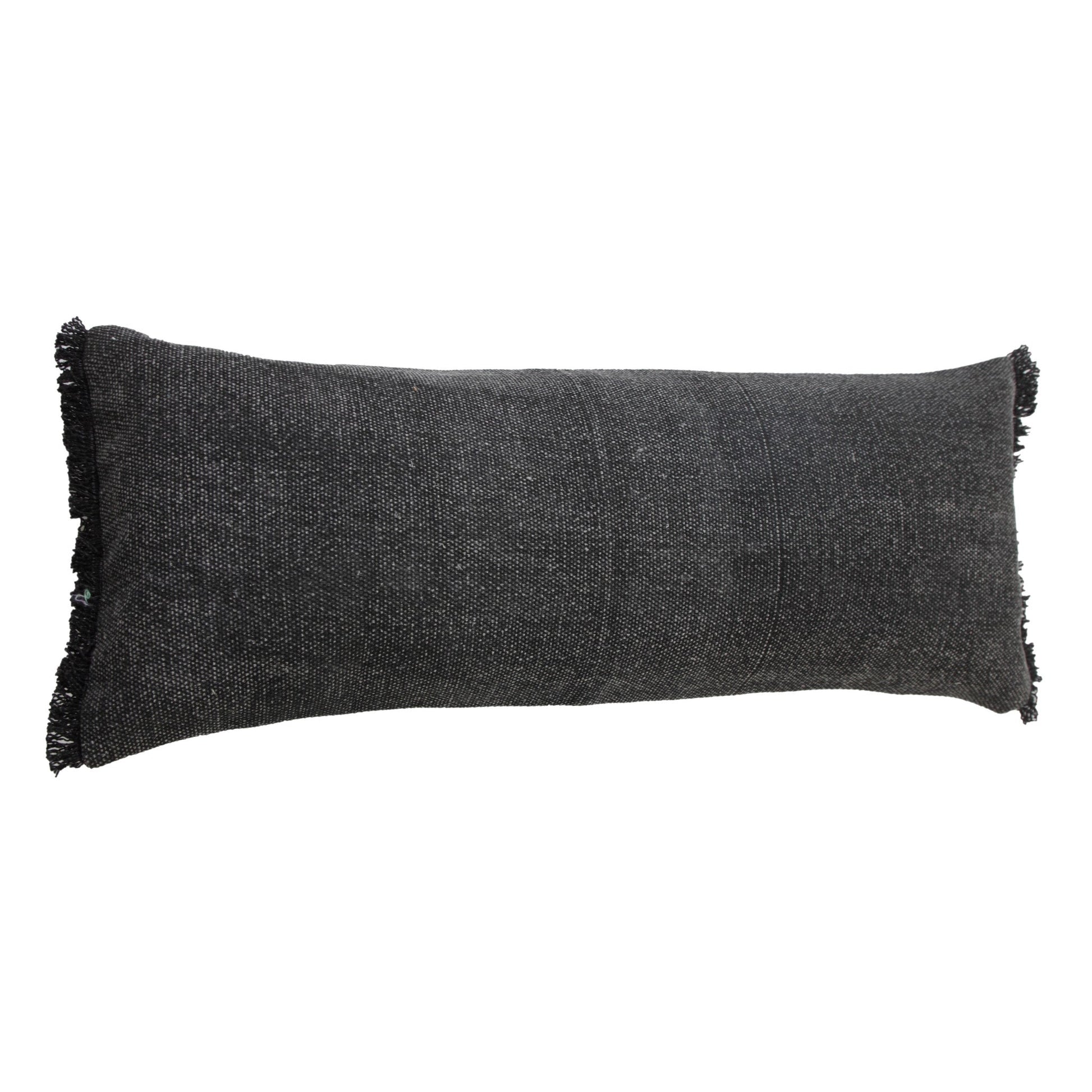 14" X 36" Black Stonewashed Cotton Throw Pillow With Fringe FurniFindUSA