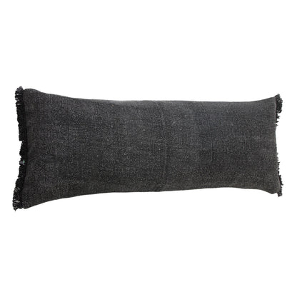 14" X 36" Black Stonewashed Cotton Throw Pillow With Fringe FurniFindUSA