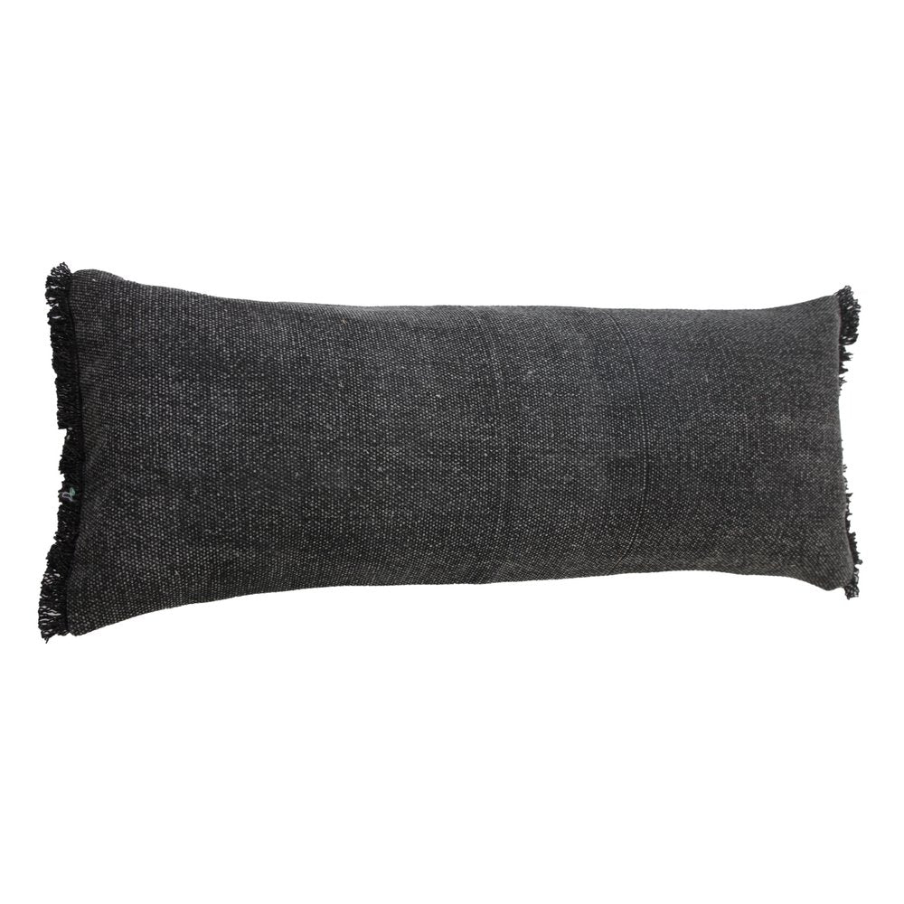 14" X 36" Black Stonewashed Cotton Throw Pillow With Fringe HomeRoots