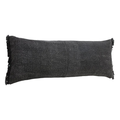 14" X 36" Black Stonewashed Cotton Throw Pillow With Fringe HomeRoots