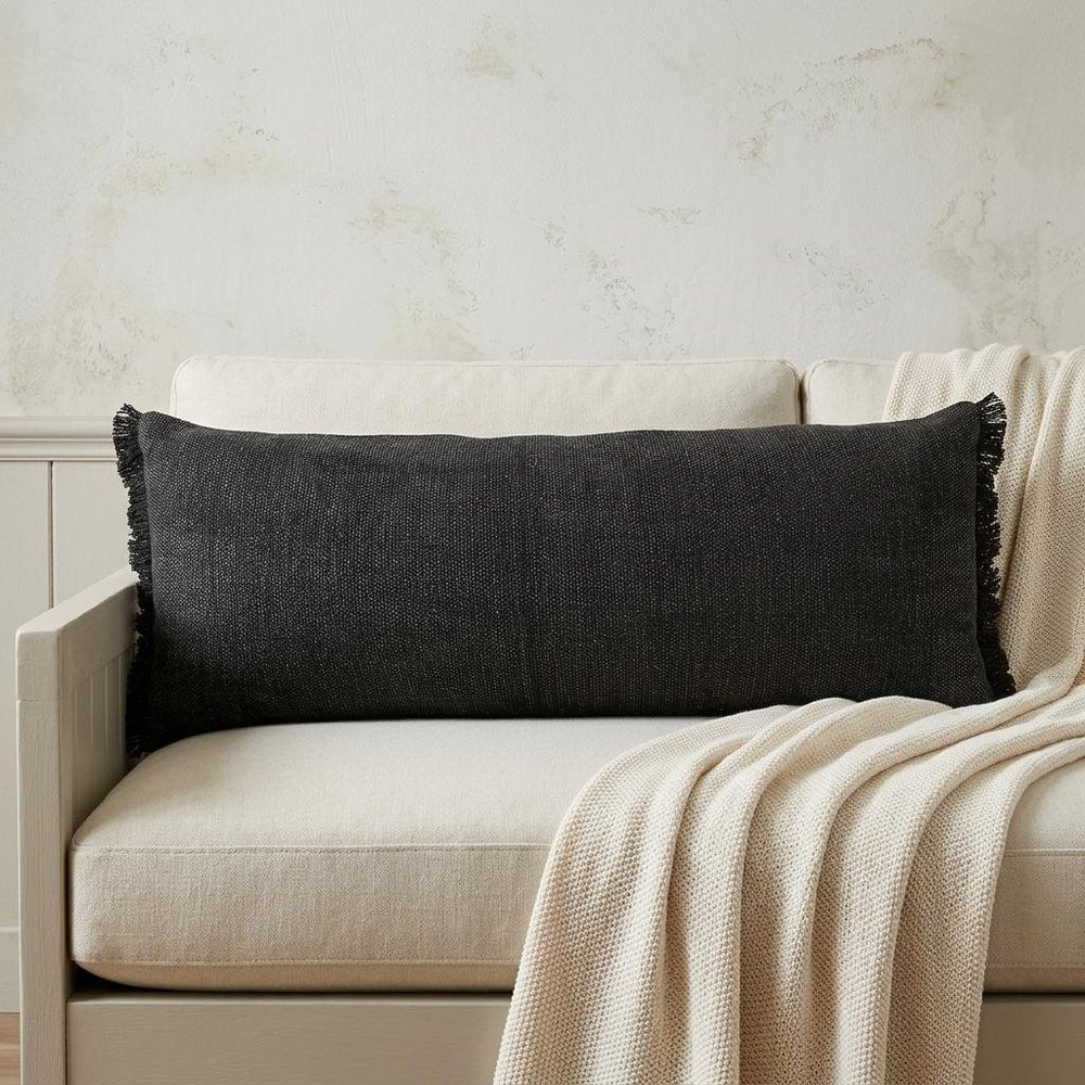 14" X 36" Black Stonewashed Cotton Throw Pillow With Fringe