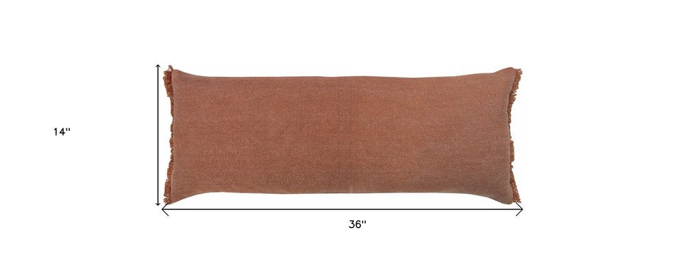 14" X 36" Terra Cotta Stonewashed Cotton Throw Pillow With Fringe — view 9