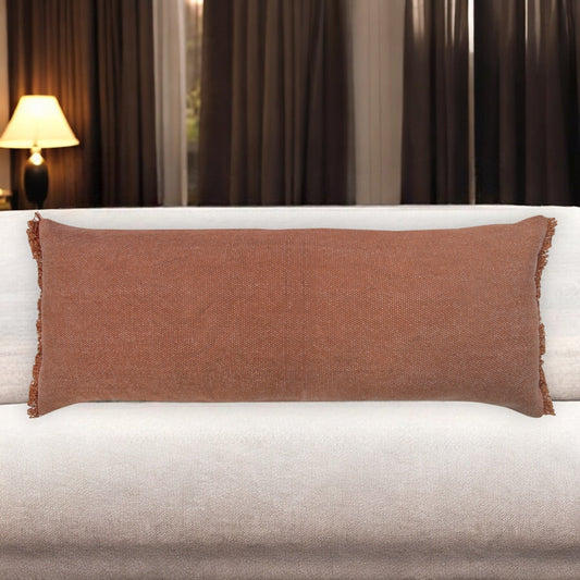 14" X 36" Terra Cotta Stonewashed Cotton Throw Pillow With Fringe FurniFindUSA