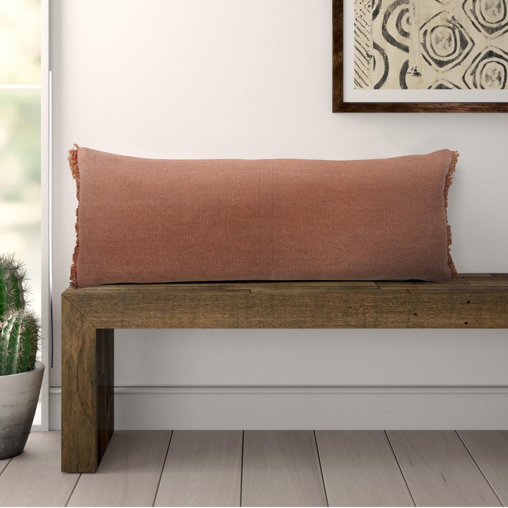 14" X 36" Terra Cotta Stonewashed Cotton Throw Pillow With Fringe