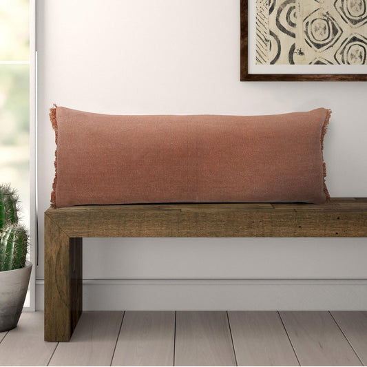 14" X 36" Terra Cotta Stonewashed Cotton Throw Pillow With Fringe