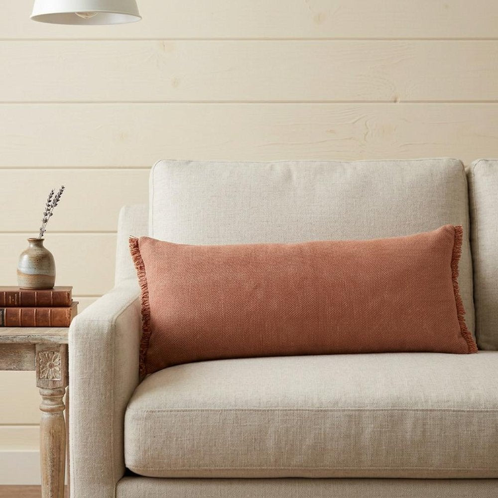 14" X 36" Terra Cotta Stonewashed Cotton Throw Pillow With Fringe — view 10