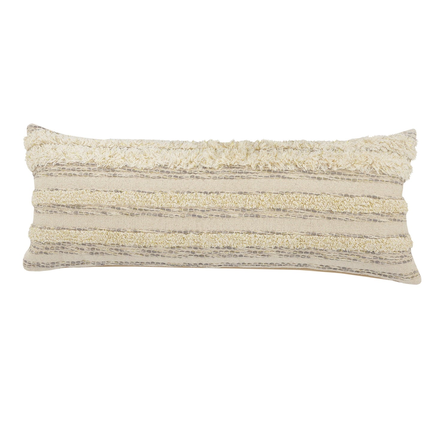 14" X 36" Cream Gray And Gold 100% Cotton Striped Zippered Pillow FurniFindUSA