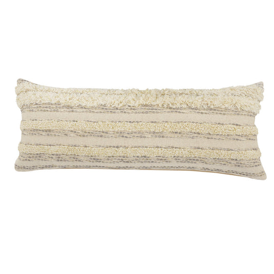 14" X 36" Cream Gray And Gold 100% Cotton Striped Zippered Pillow FurniFindUSA