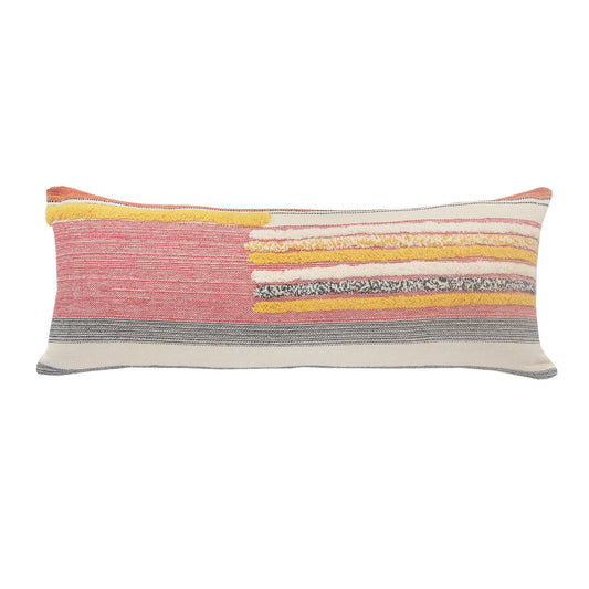 14" X 36" Orange Pink Black And Off-White 100% Cotton Striped Zippered Pillow FurniFindUSA