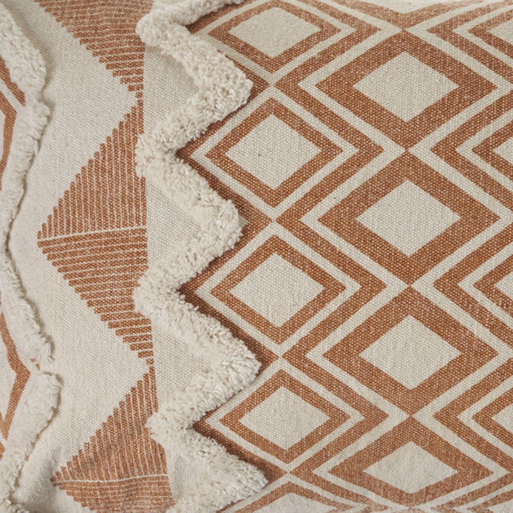 14" X 36" Orange And Cream 100% Cotton Geometric Zippered Pillow FurniFindUSA