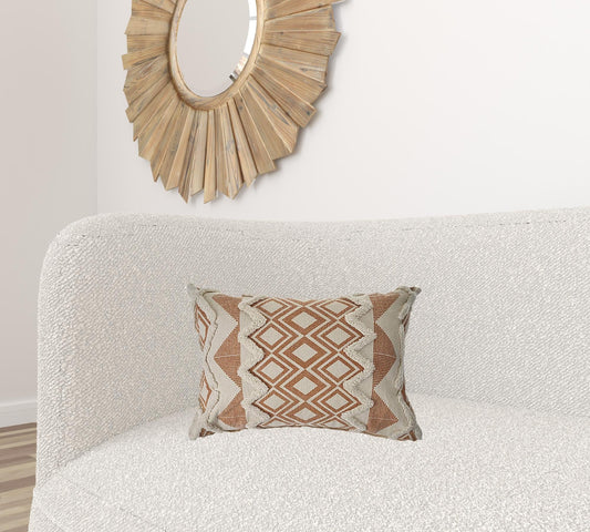 14" X 36" Orange And Cream 100% Cotton Geometric Zippered Pillow FurniFindUSA