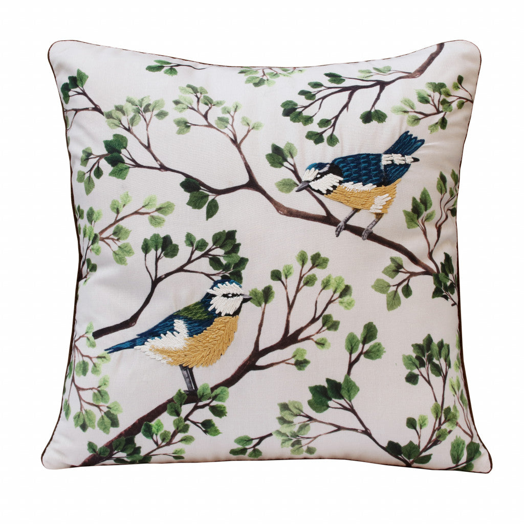 20" X 20" Green Blue And Off-White Bird Polyester Animal Print Zippered Pillow FurniFindUSA
