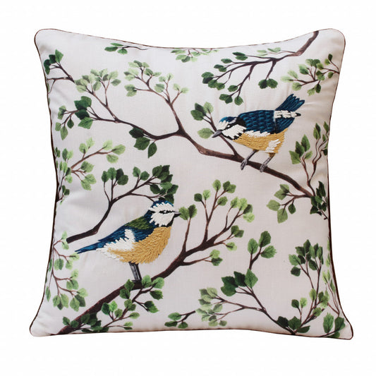 20" X 20" Green Blue And Off-White Bird Polyester Animal Print Zippered Pillow FurniFindUSA