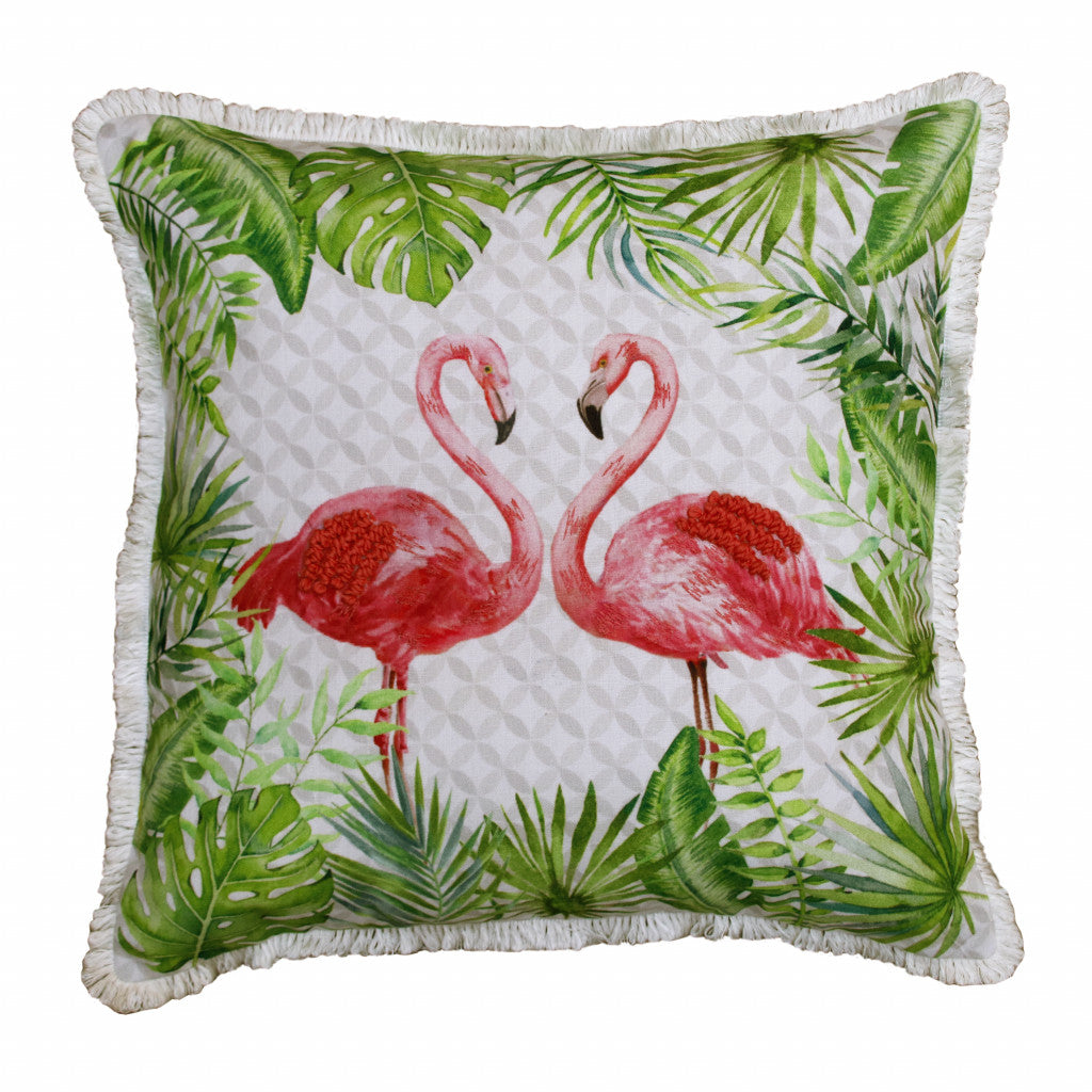 20" X 20" Coral Pink And Green Bird Polyester Animal Print Zippered Pillow FurniFindUSA