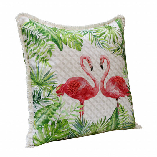 20" X 20" Coral Pink And Green Bird Polyester Animal Print Zippered Pillow FurniFindUSA