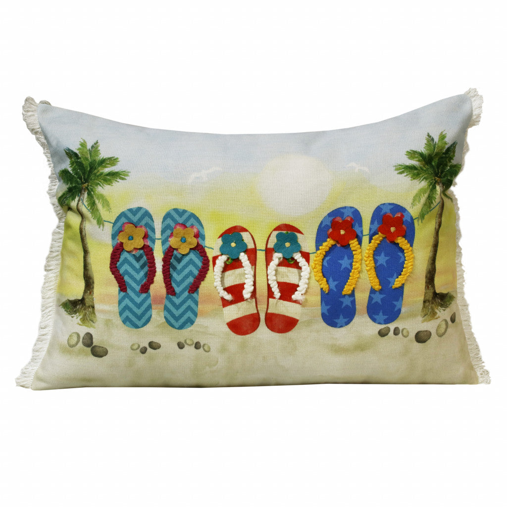 14" X 20" Blue Red Green And Off-White Polyester Tropical Zippered Pillow FurniFindUSA