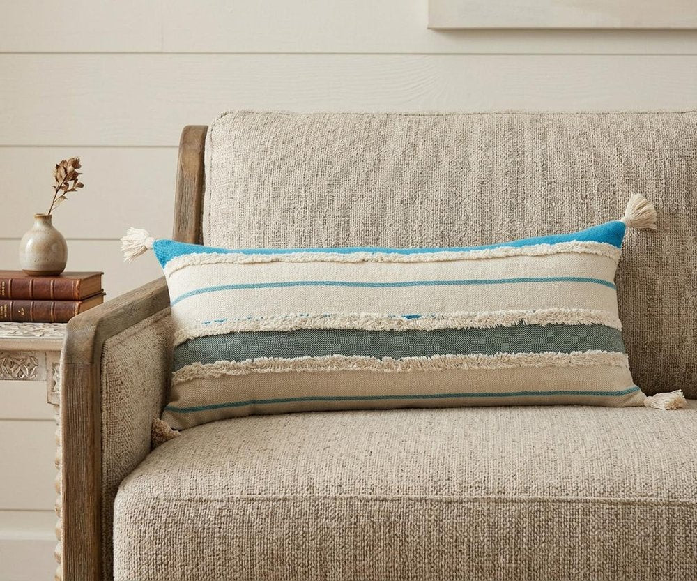 14" X 36" Blue And Off-White 100% Cotton Striped Zippered Pillow HomeRoots