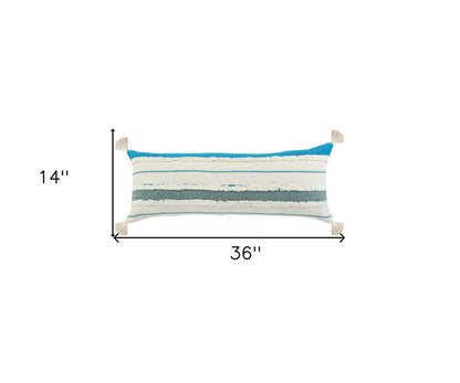 14" X 36" Blue And Off-White 100% Cotton Striped Zippered Pillow HomeRoots