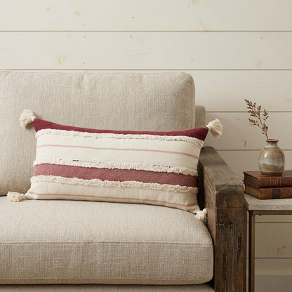 14" X 36" Red And Off-White 100% Cotton Striped Zippered Pillow