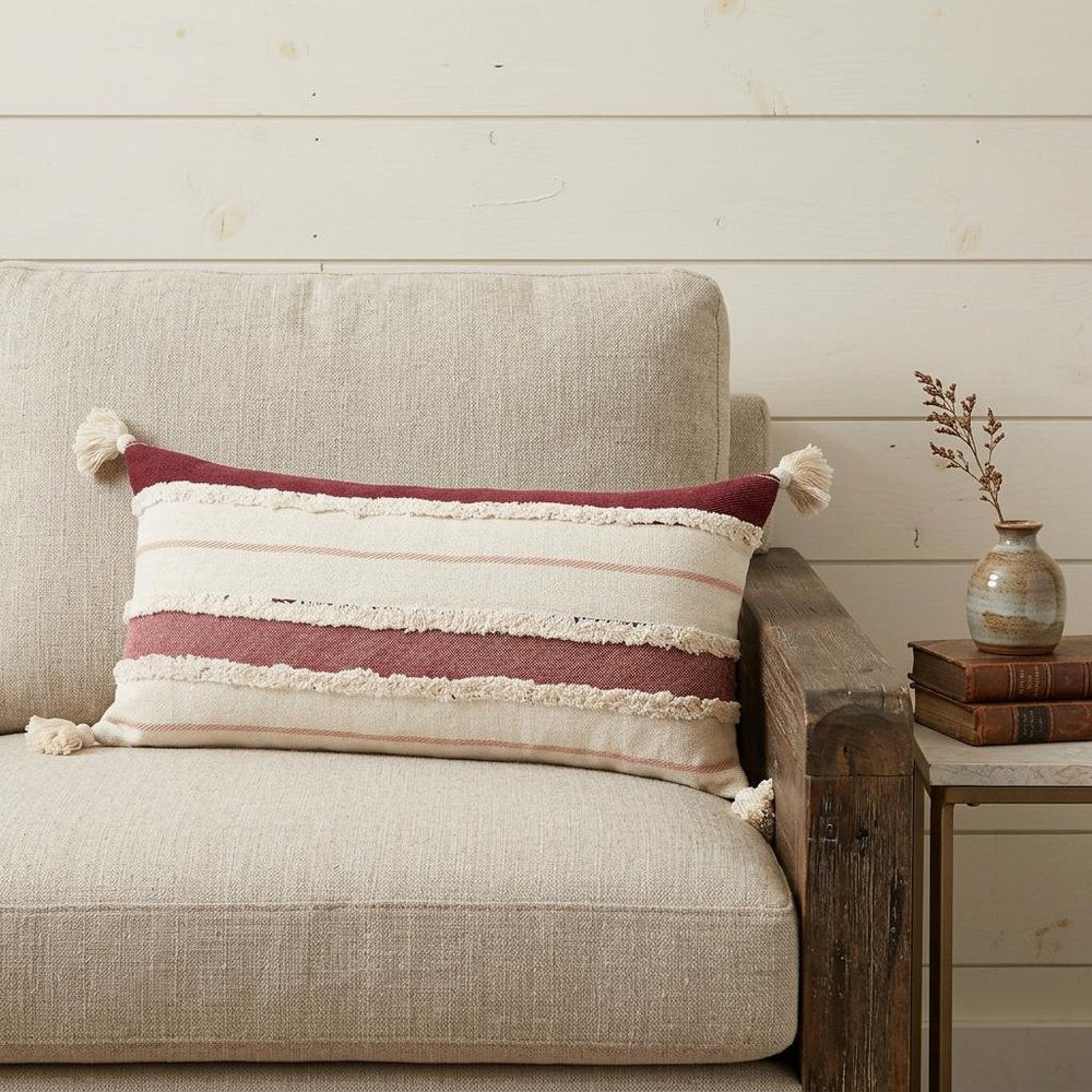 14" X 36" Red And Off-White 100% Cotton Striped Zippered Pillow — view 10