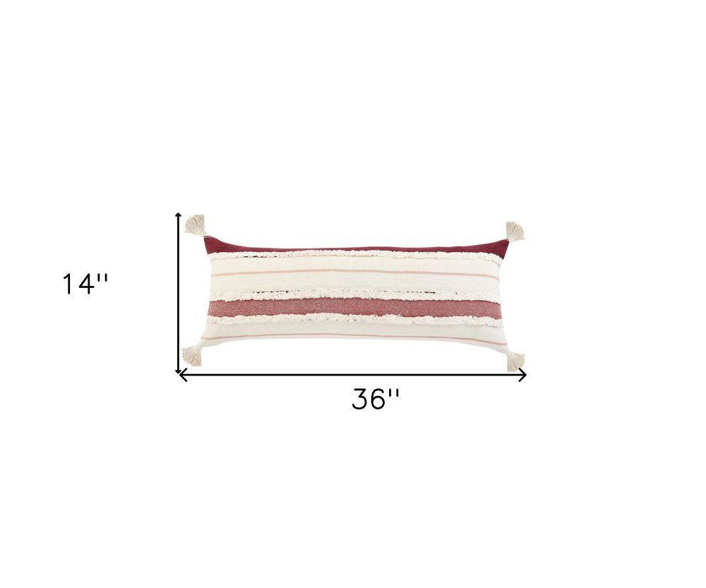 14" X 36" Red And Off-White 100% Cotton Striped Zippered Pillow HomeRoots