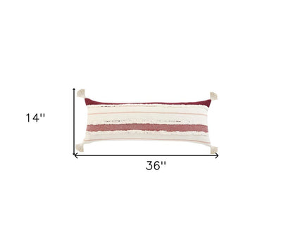 14" X 36" Red And Off-White 100% Cotton Striped Zippered Pillow HomeRoots