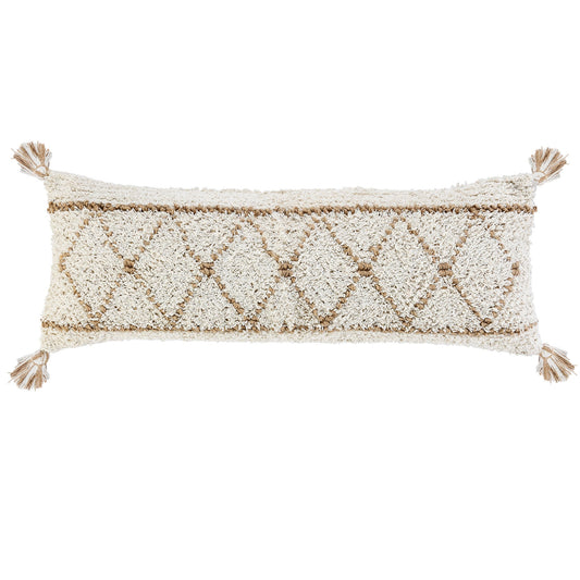 14" X 36" White And Tan 100% Cotton Geometric Zippered Pillow FurniFindUSA