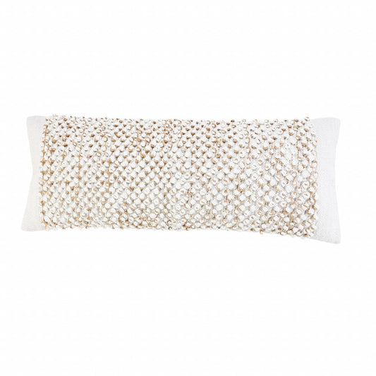 14" X 36" White And Tan 100% Cotton Abstract Zippered Pillow FurniFindUSA