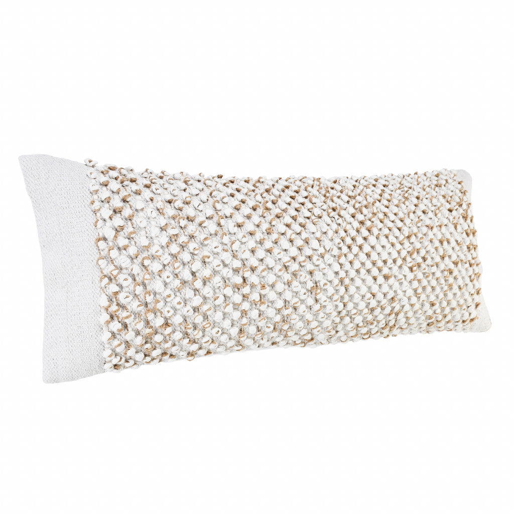14" X 36" White And Tan 100% Cotton Abstract Zippered Pillow FurniFindUSA