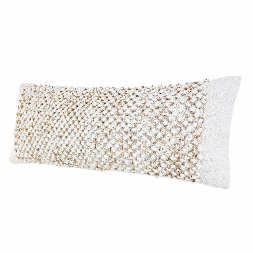 14" X 36" White And Tan 100% Cotton Abstract Zippered Pillow FurniFindUSA