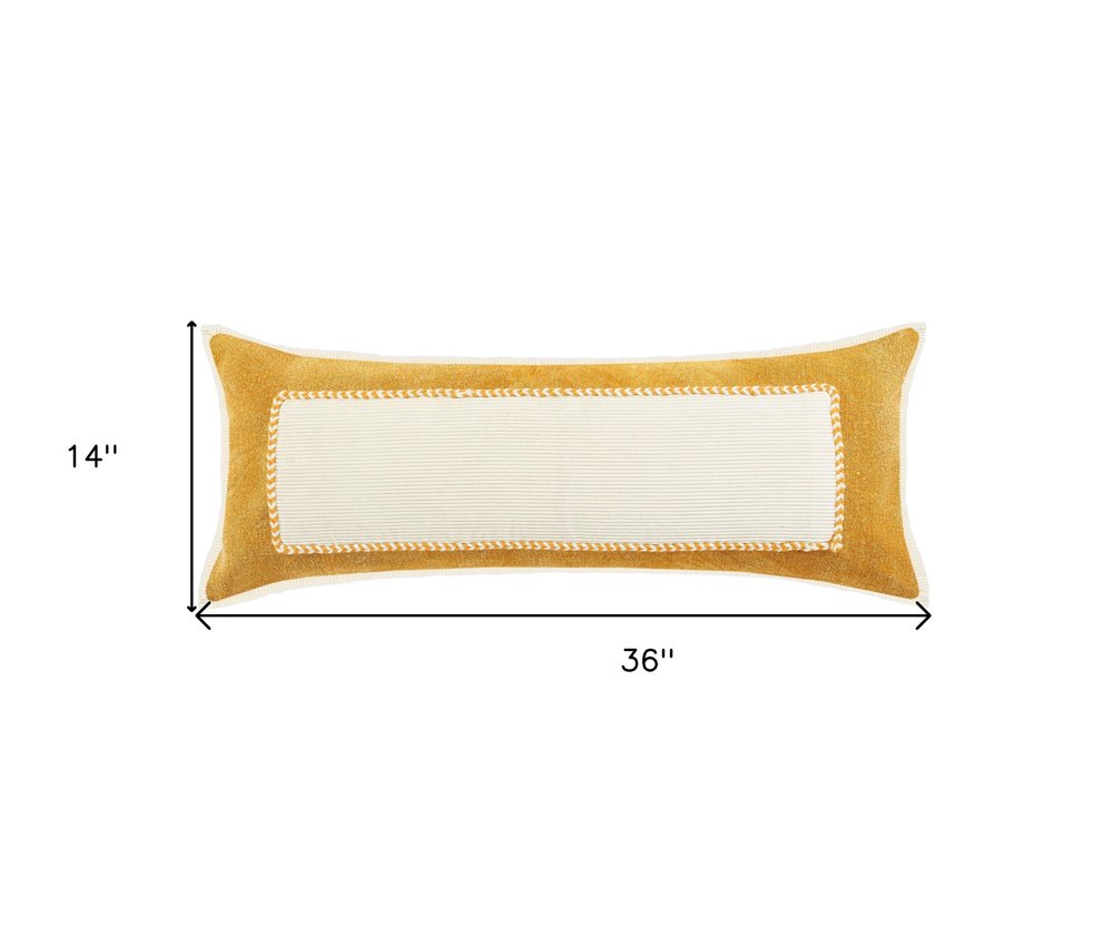14" X 36" Golden Yellow And Cream 100% Cotton Zippered Pillow HomeRoots