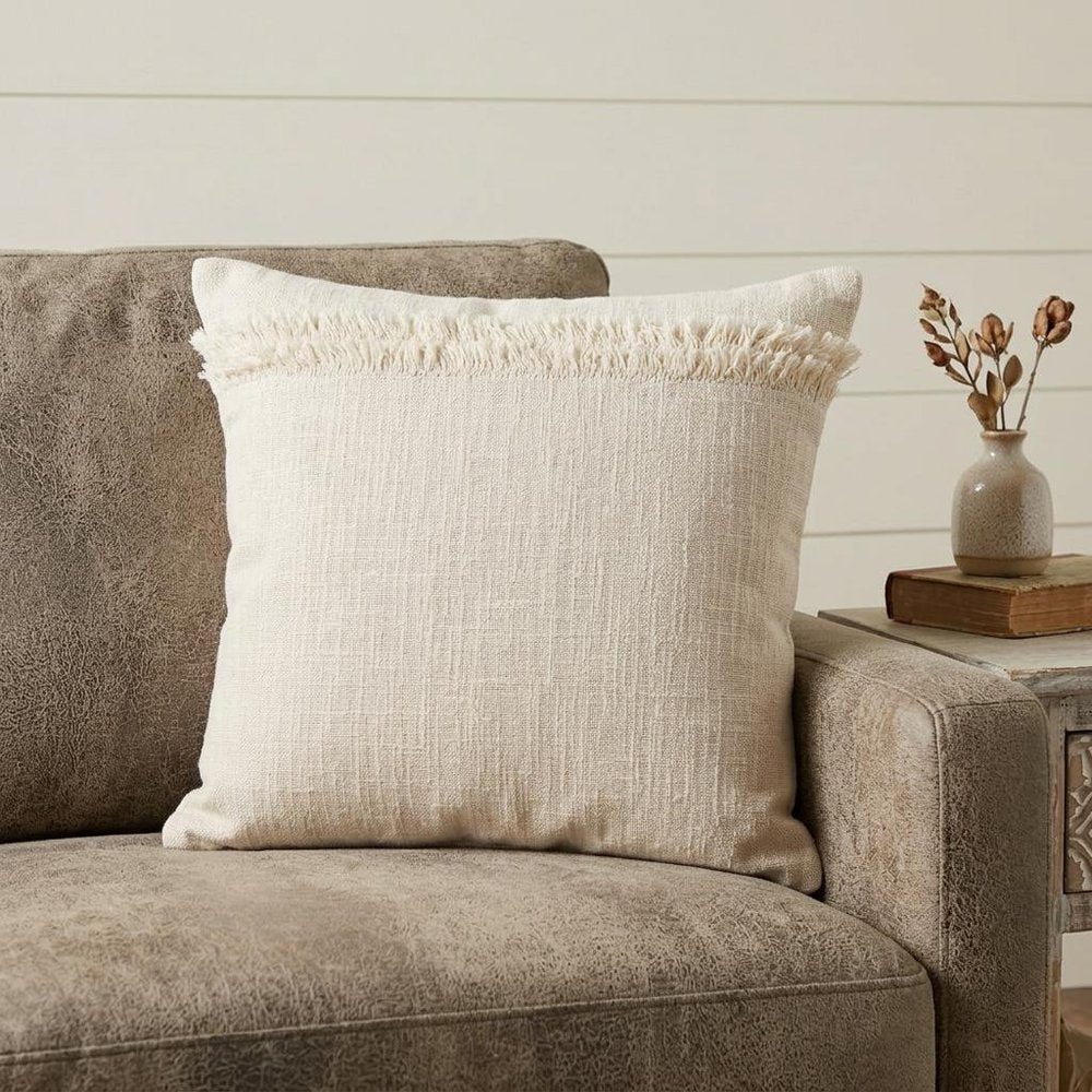 14" X 36" Cream Cotton Throw Pillow with Fringe HomeRoots