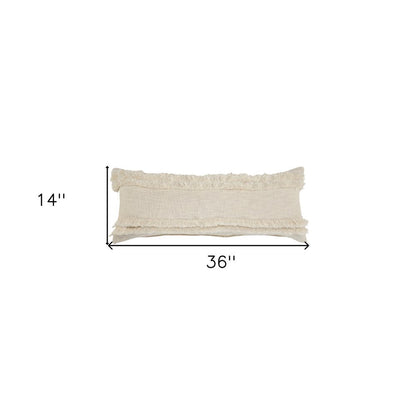 14" X 36" Cream Cotton Throw Pillow with Fringe HomeRoots