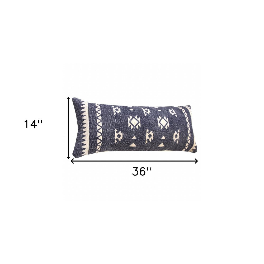 14" X 36" Navy Blue And White Cotton Geometric Throw Pillow