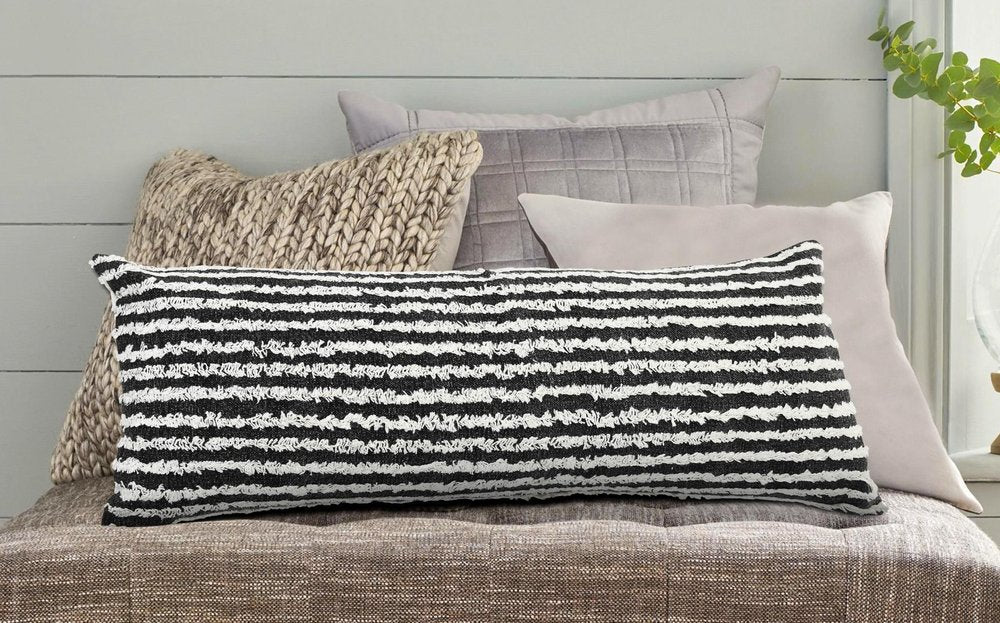 14" X 36" Black And Cream 100% Cotton Striped Zippered Pillow HomeRoots