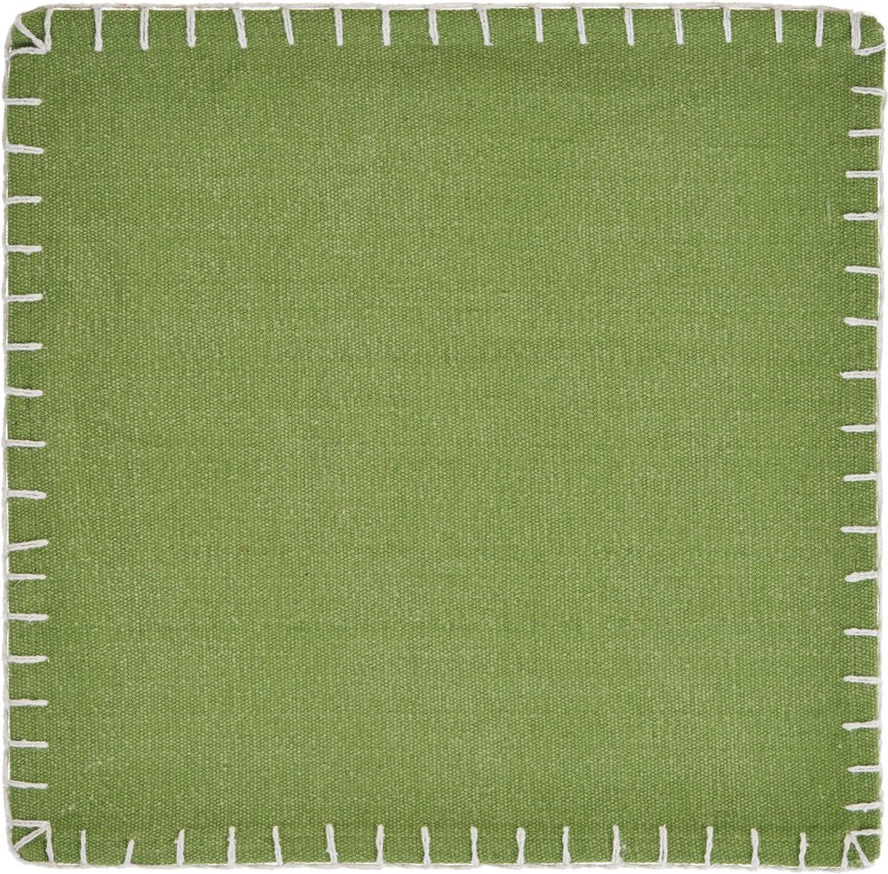 15" Set of Four Natural And Olive Green Embroidered Edge Cotton Square Placemats HomeRoots