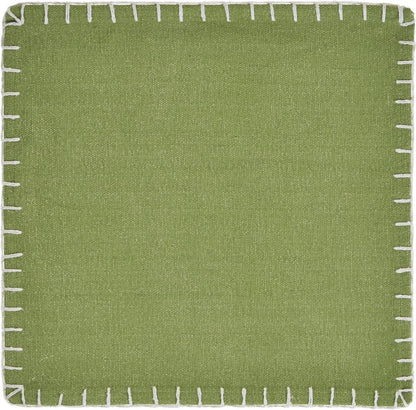 15" Set of Four Natural And Olive Green Embroidered Edge Cotton Square Placemats HomeRoots