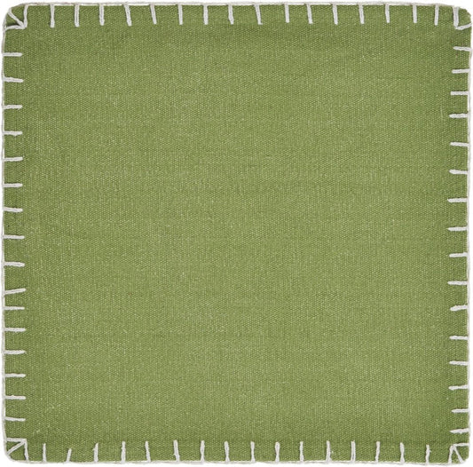 15" Set of Four Natural And Olive Green Embroidered Edge Cotton Square Placemats HomeRoots