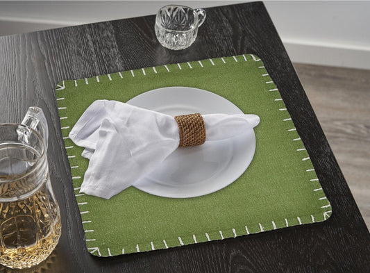 15" Set of Four Natural And Olive Green Embroidered Edge Cotton Square Placemats HomeRoots