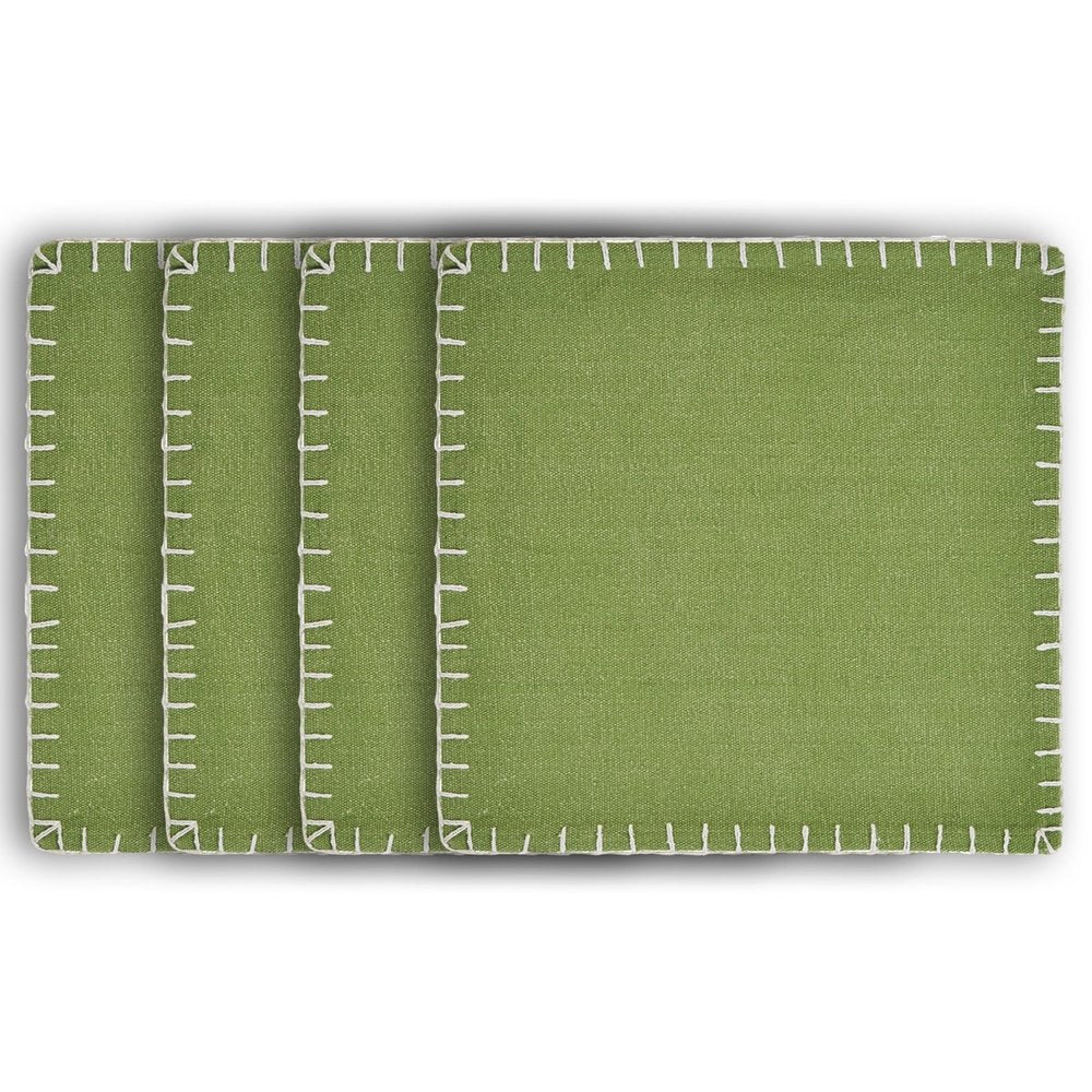 15" Set of Four Natural And Olive Green Embroidered Edge Cotton Square Placemats HomeRoots