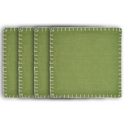 15" Set of Four Natural And Olive Green Embroidered Edge Cotton Square Placemats HomeRoots
