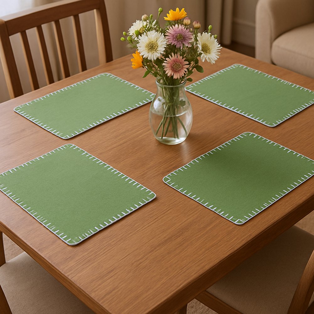 15" Set of Four Natural And Olive Green Embroidered Edge Cotton Square Placemats HomeRoots