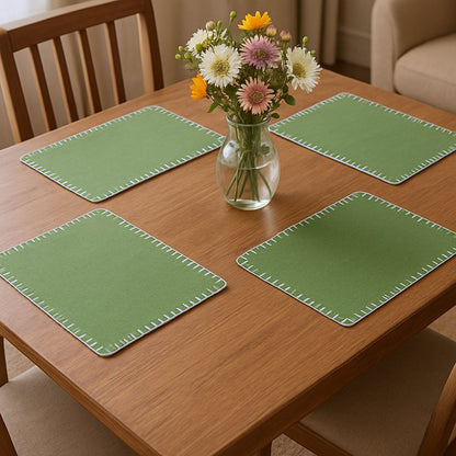 15" Set of Four Natural And Olive Green Embroidered Edge Cotton Square Placemats HomeRoots