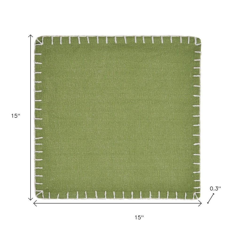 15" Set of Four Natural And Olive Green Embroidered Edge Cotton Square Placemats HomeRoots