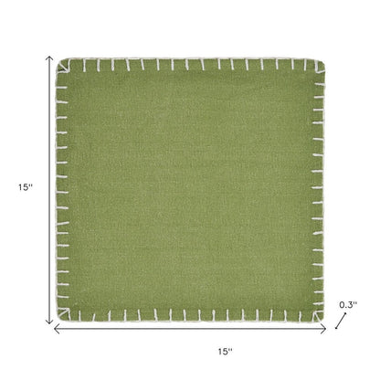 15" Set of Four Natural And Olive Green Embroidered Edge Cotton Square Placemats HomeRoots