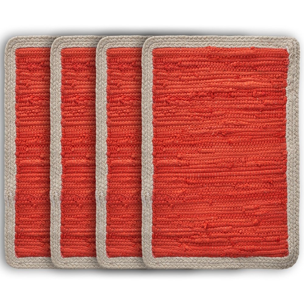 19" Set of Four Orange And Natural Solid With Border Cotton Placemats HomeRoots