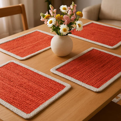19" Set of Four Orange And Natural Solid With Border Cotton Placemats HomeRoots