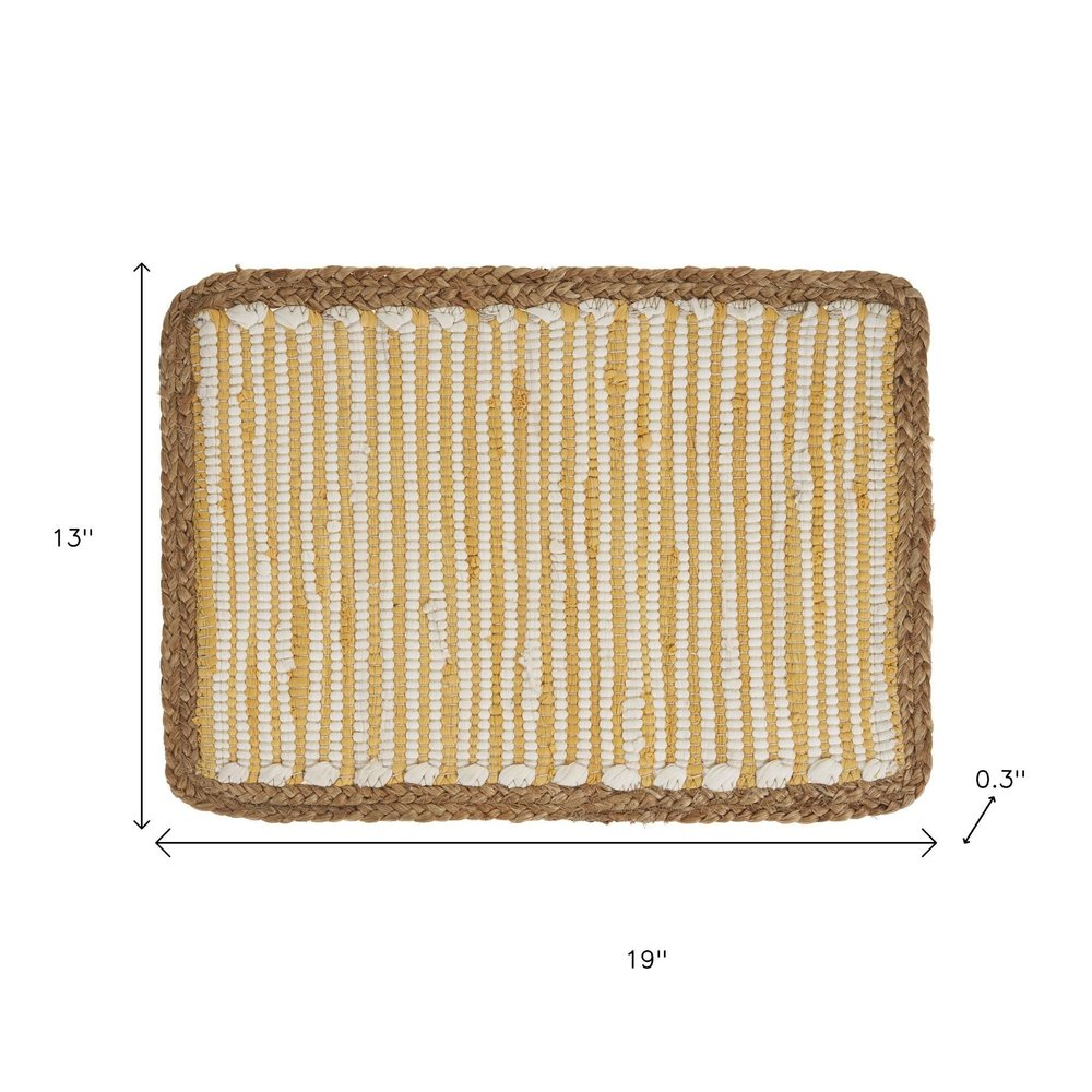 19" Set of Four Cream Yellow And Natural Striped Cotton And Jute Placemats HomeRoots