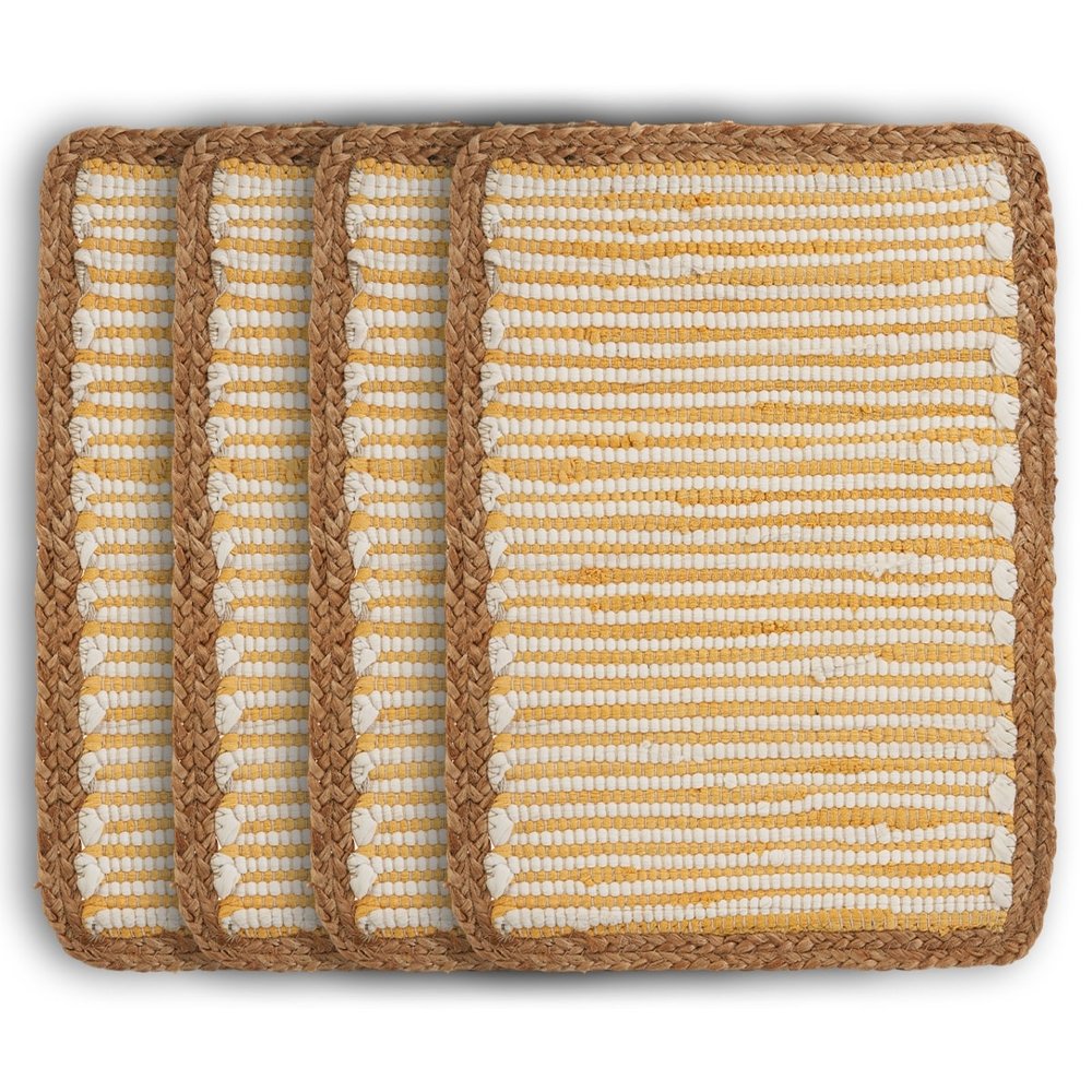 19" Set of Four Cream Yellow And Natural Striped Cotton And Jute Placemats HomeRoots