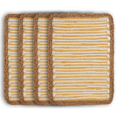 19" Set of Four Cream Yellow And Natural Striped Cotton And Jute Placemats HomeRoots